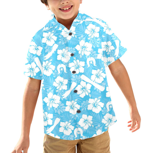 White Hibiscus flowers, Warup and Dhari (Blue) on Little Boys' Hawaiian Shirt