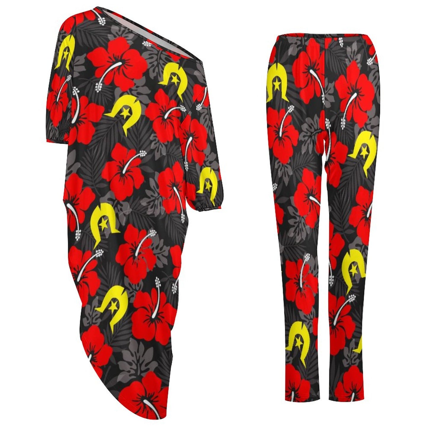 Royal Red Hibiscus with Yellow Dhari on Diagonal Shoulder Two Piece Set