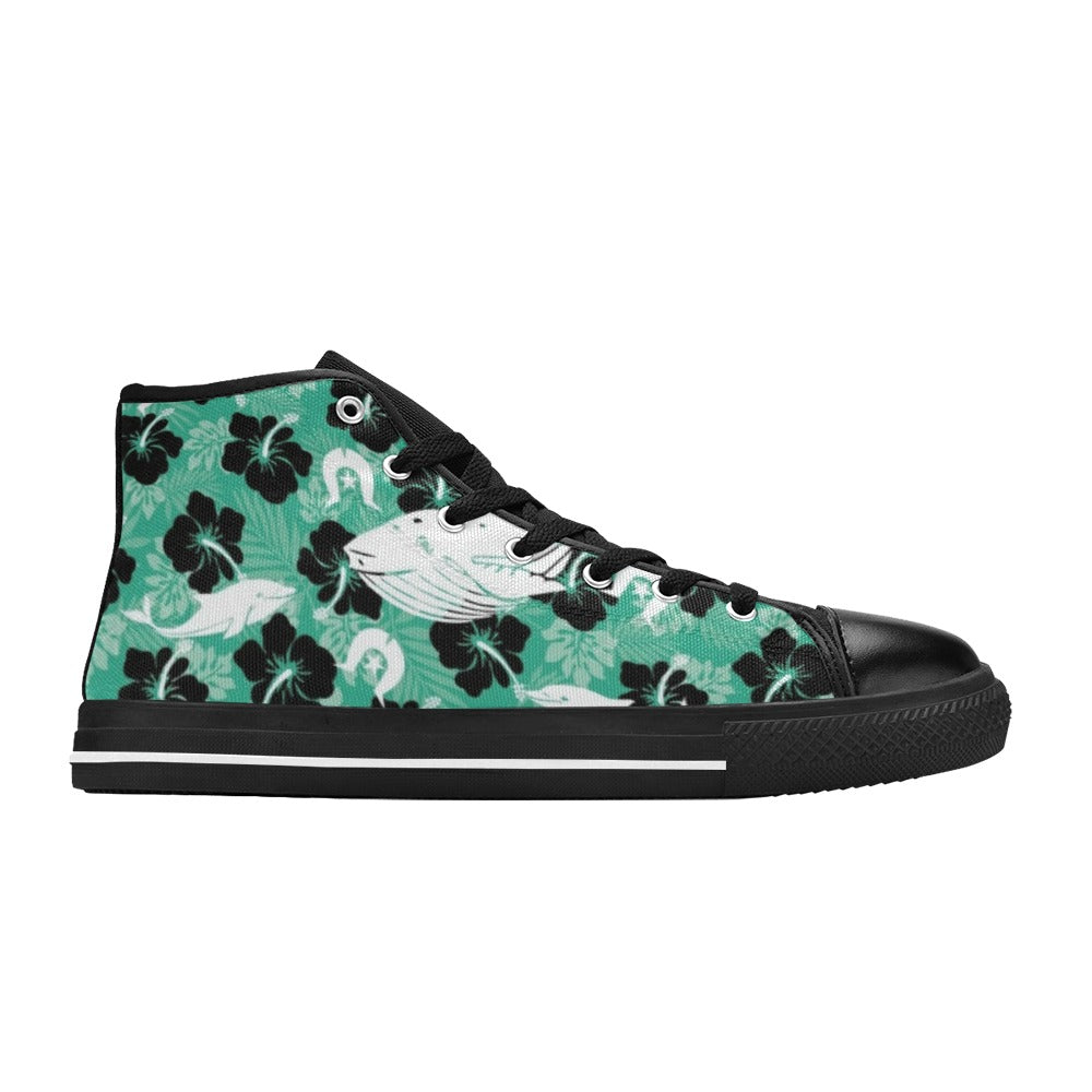 Black Hibiscus with Whale, Dolphin and Dhari on Women's High Top Canvas Shoes