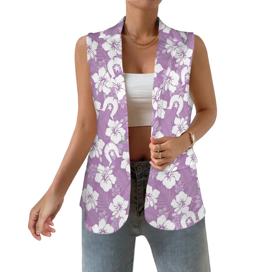White Hibiscus and Dhari (Purple) on Women Sleeveless Suit Vest