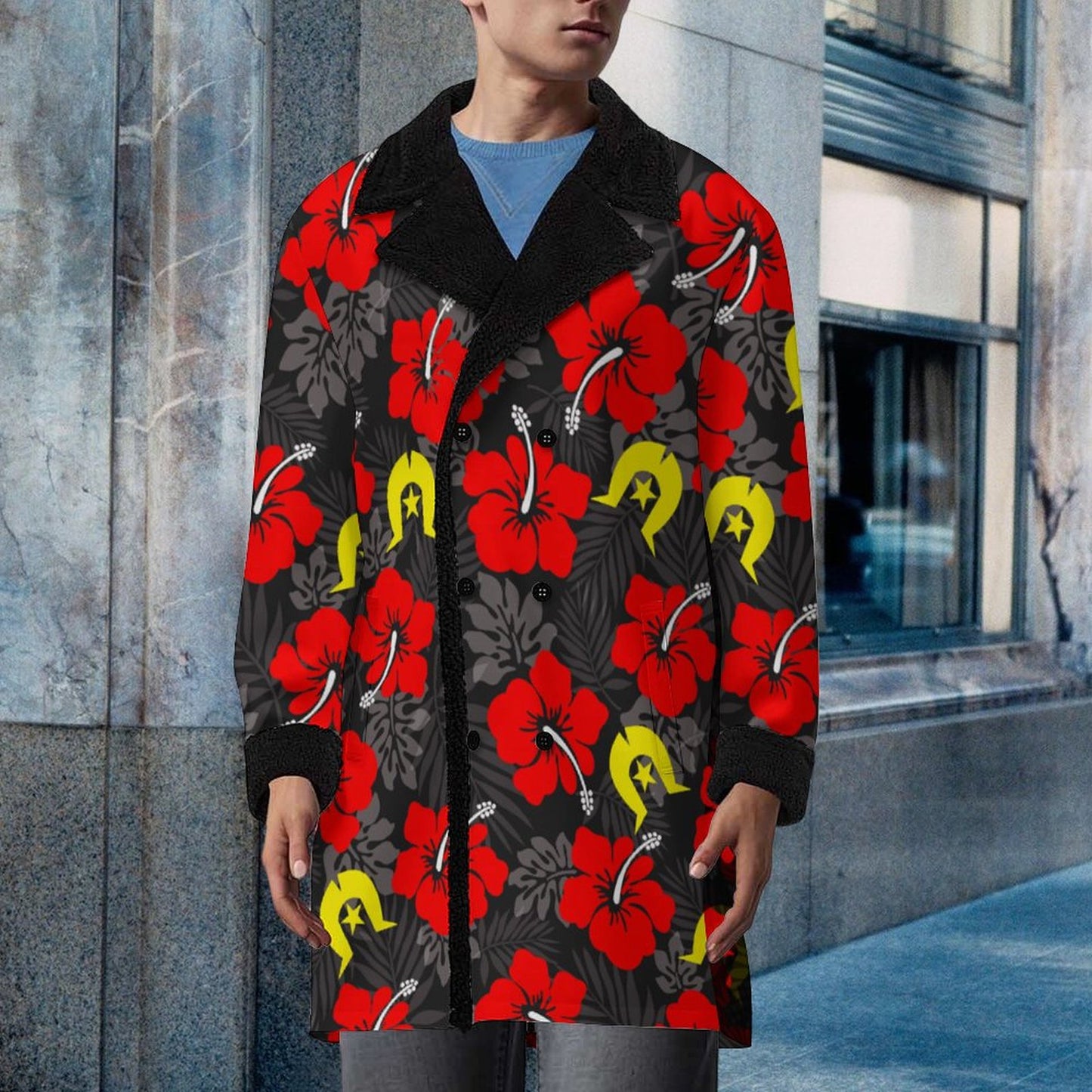 Royal Red Hibiscus with Yellow Dhari on Men's Double Breasted Coat