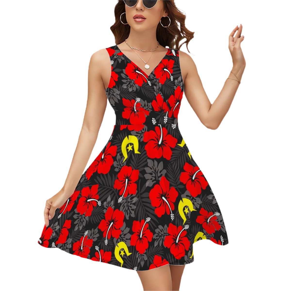 Royal Red Hibiscus with Yellow Dhari on Sleeveless V Neck Dress