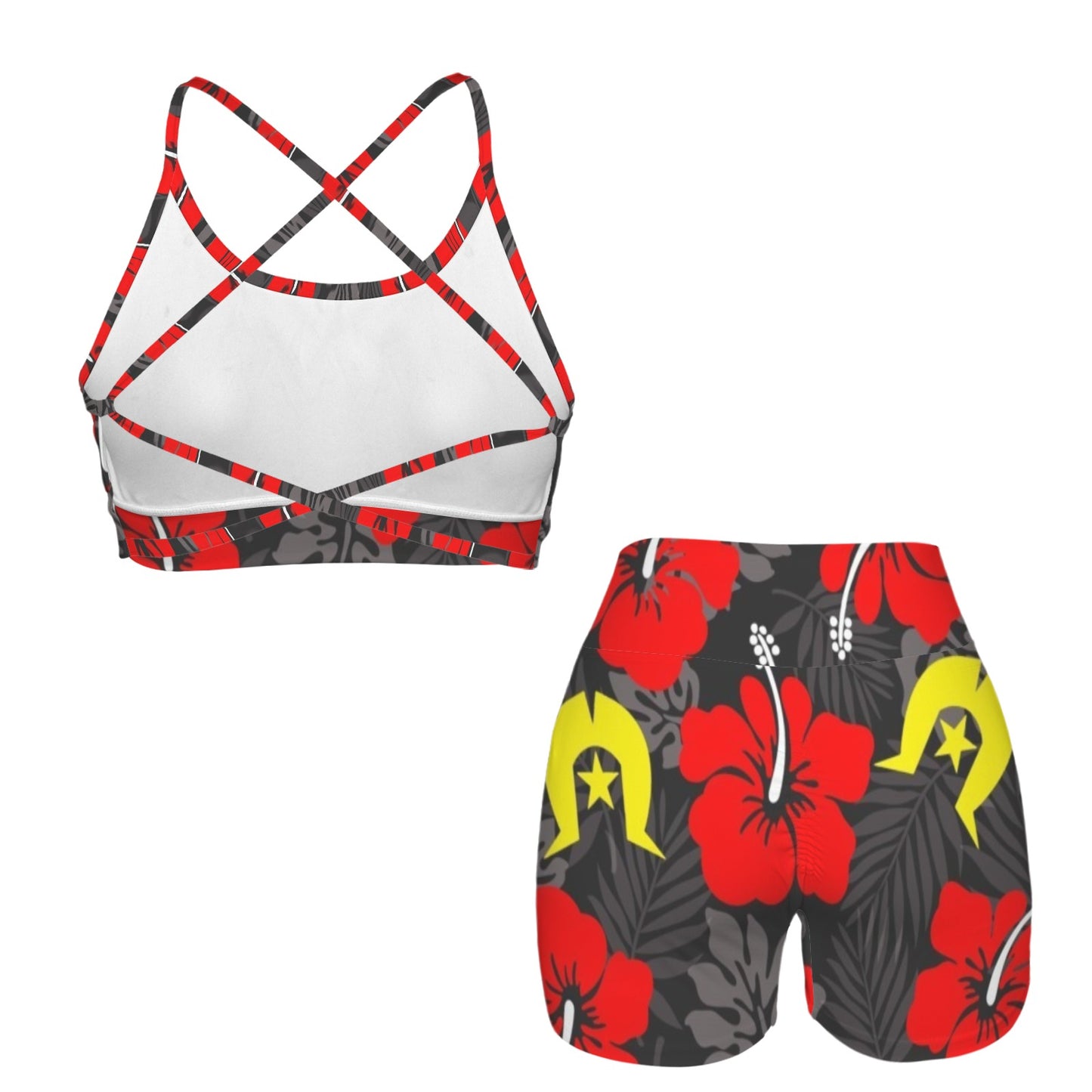 Royal Red Hibiscus with Yellow Dhari on Cross Back String Sports Bra & High Waist Shorts Active Sets