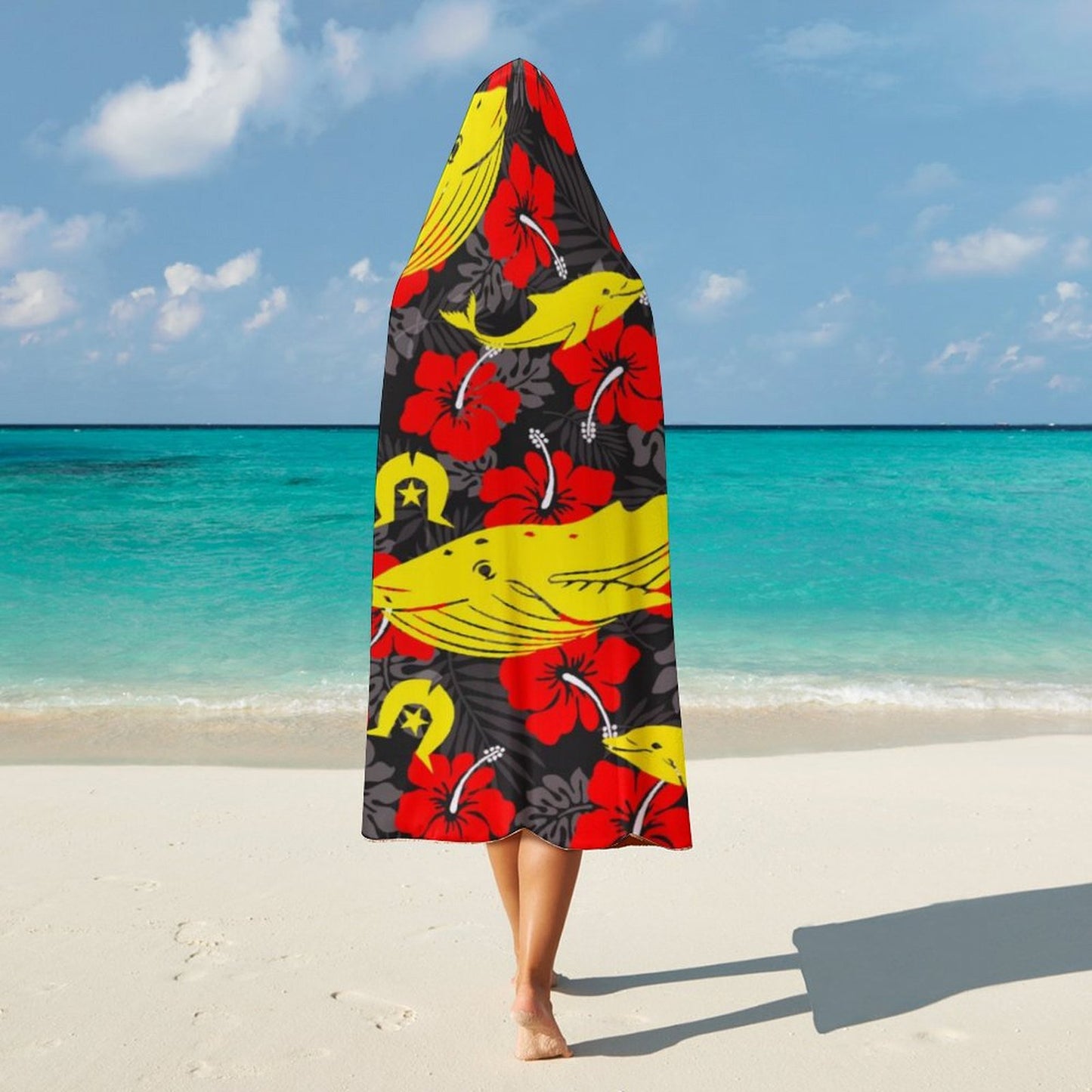 Royal Red Hibiscus with Yellow Dhari, Whale and Dolphin on Cloak Hooded Blanket  40"×50"