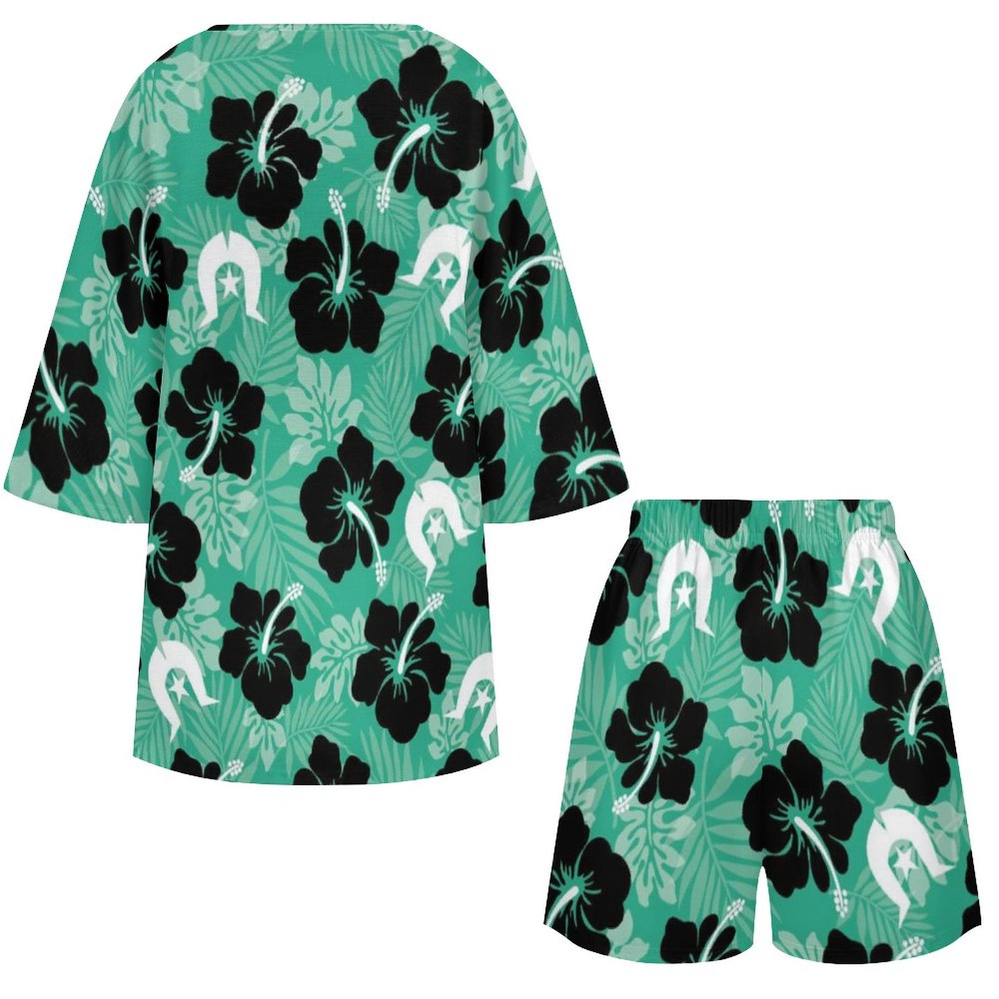 Black Hibiscus with White Dhari on Mediterranean Style V-Neck Suit