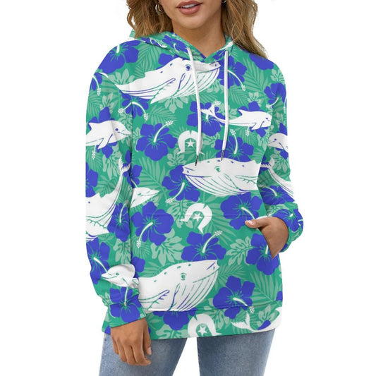 Royal Blue Hibiscus flowers with Whale, Dolphin and Dhari on Lady Hoodie with Double-layer Cap