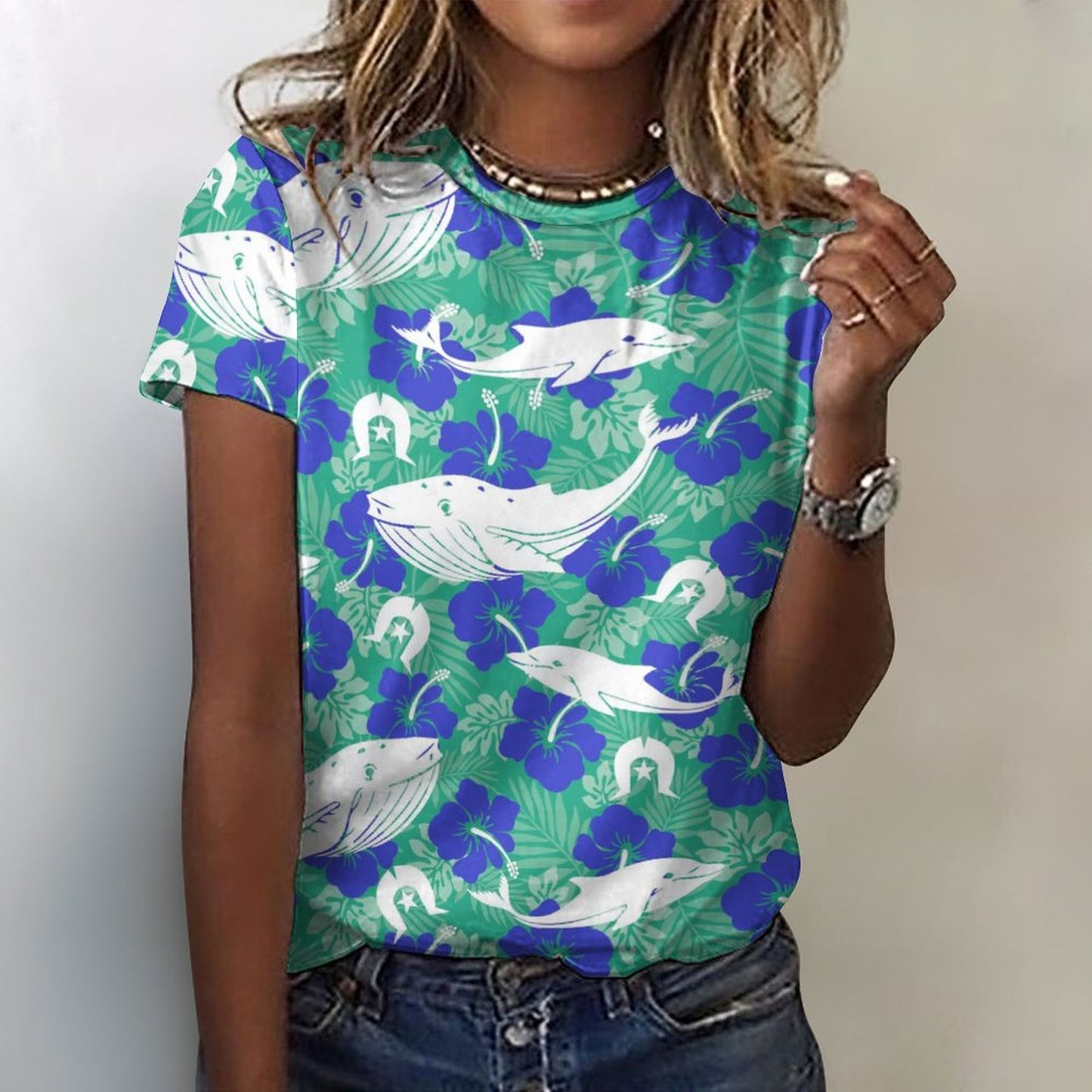 Royal Blue Hibiscus flowers with Whale, Dolphin and Dhari on Cotton Summer Short Sleeve T-Shirts for Women