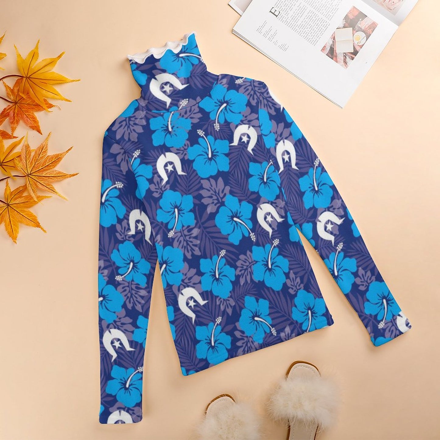 Hibiscus flowers with White Dhari (Royal blue) on Women Long Sleeve Turtleneck Sweater
