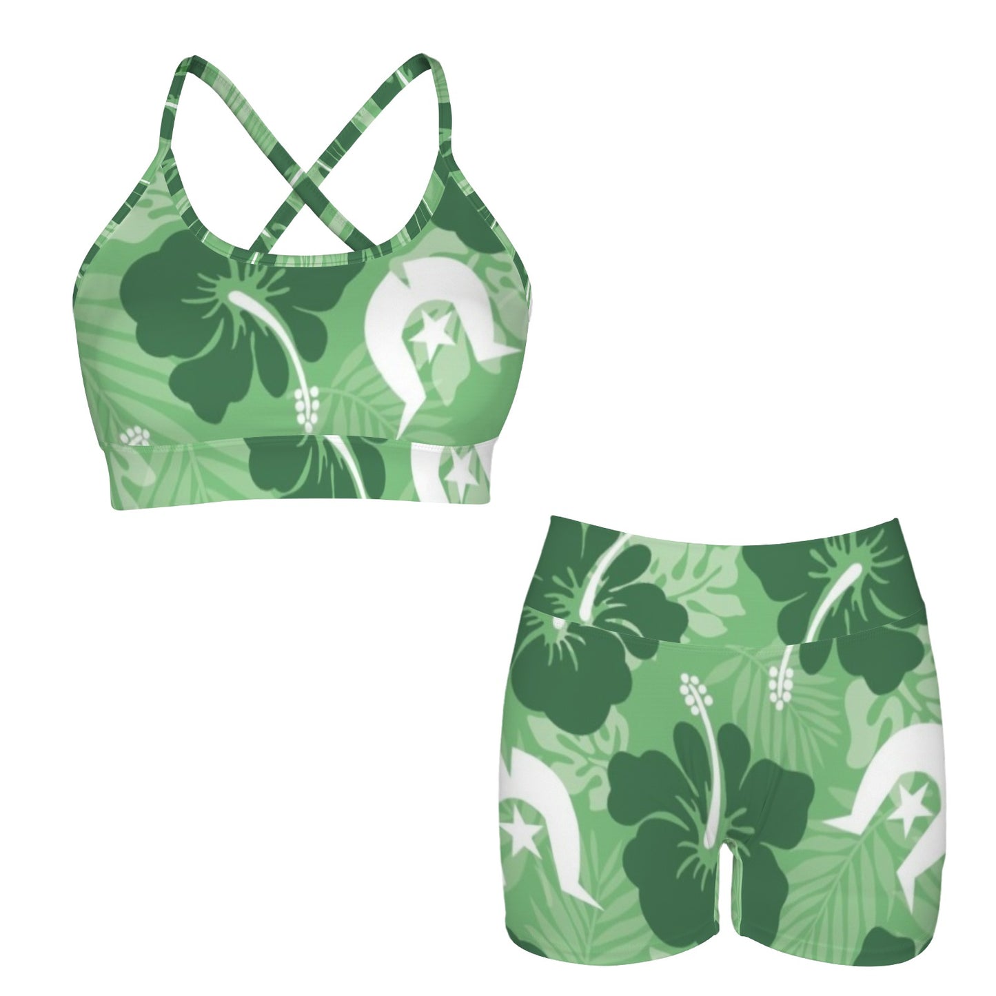 Hibiscus flowers with Dhari (Sea Grass Green) on Cross Back String Sports Bra & High Waist Shorts Active Sets