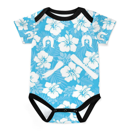 White Hibiscus flowers, Warup and Dhari on Faux Cotton Short Sleeve Baby Romper
