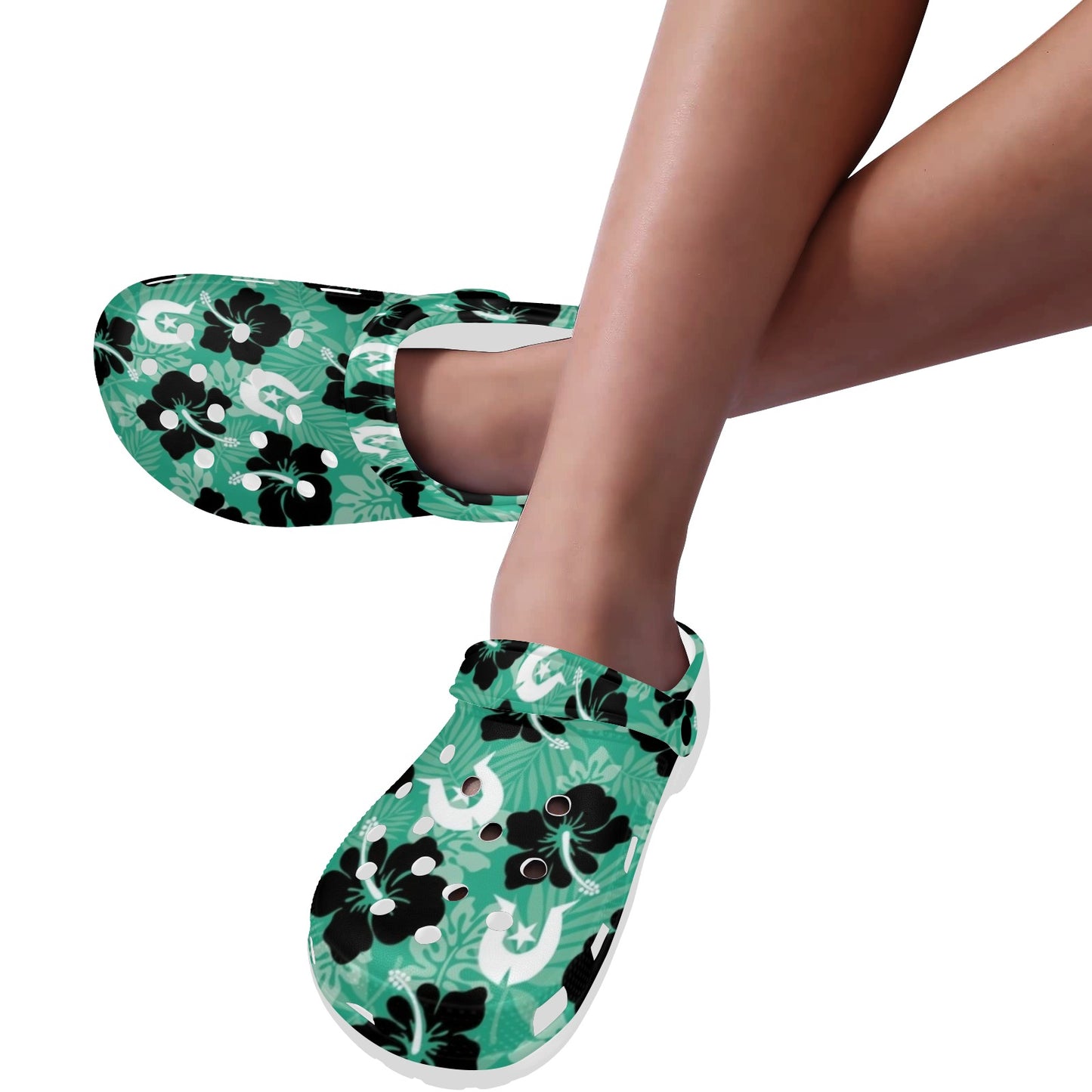 Black Hibiscus with White Dhari on Adults Clogs