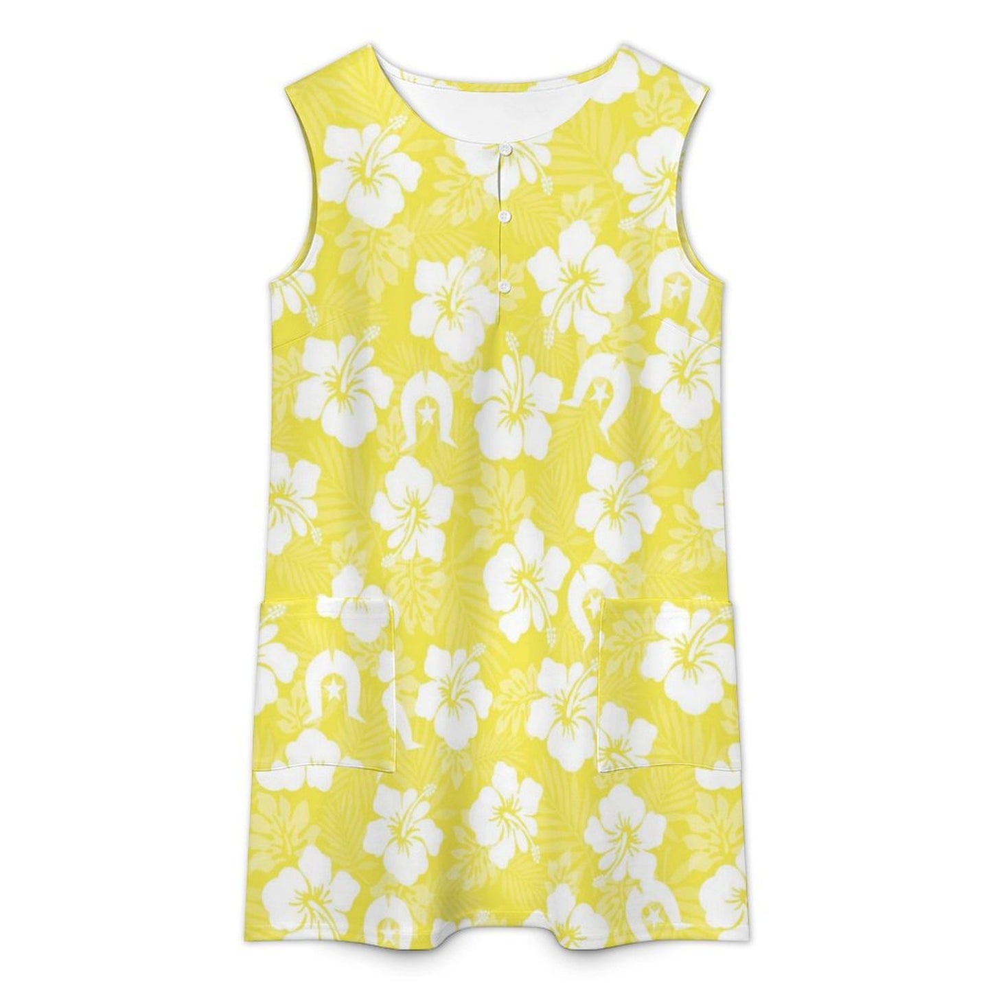 White Hibiscus flowers with Dhari (Yellow) on Sleeveless Pocket Dress
