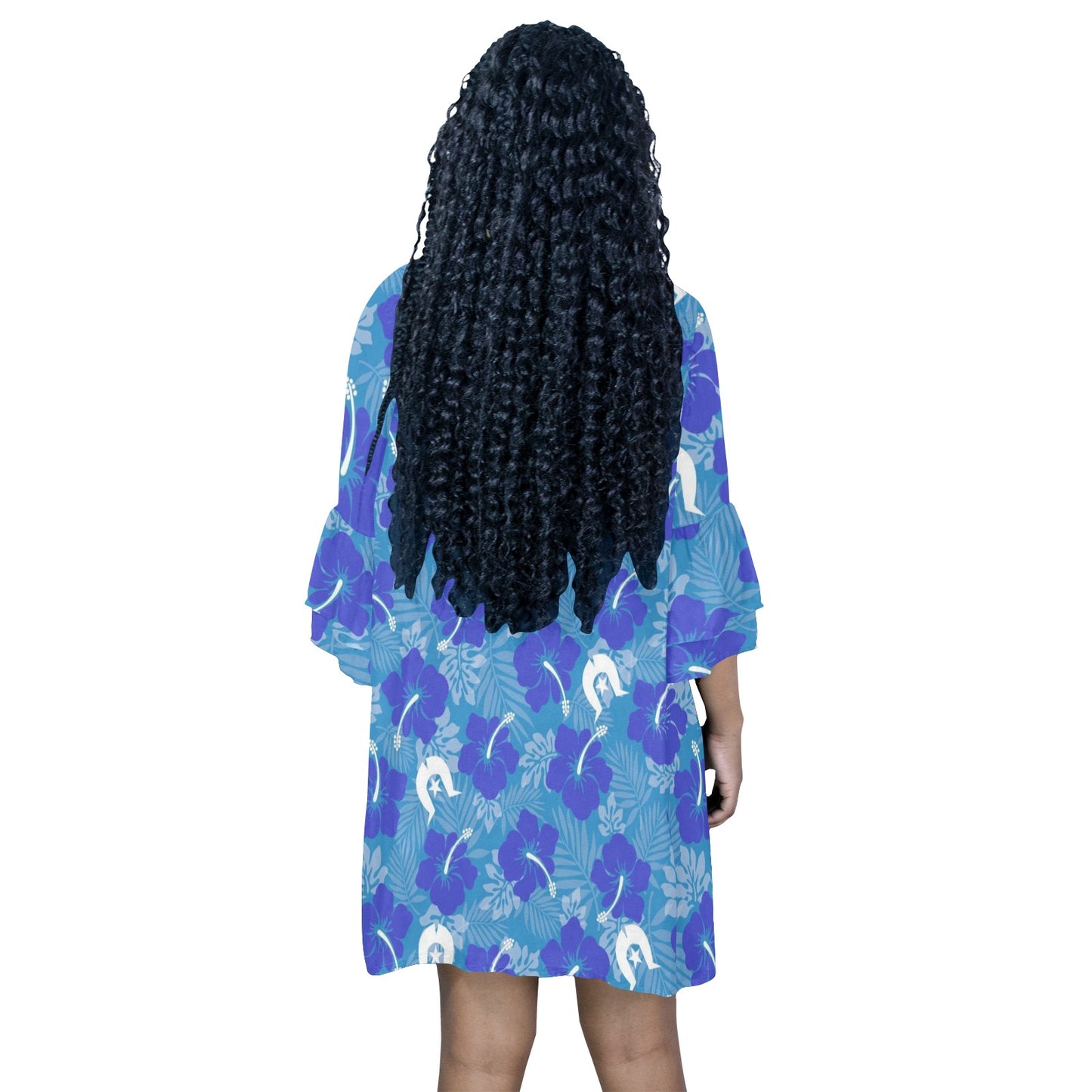 Hibiscus flowers with Dhari (Royal blue) on Half Sleeves V-Neck Mini Dress
