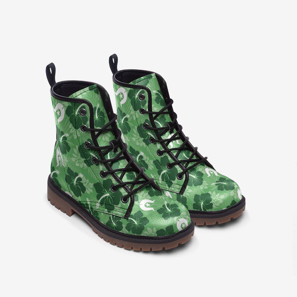Hibiscus flowers with Dhari (Sea Grass Green) on Casual Leather Lightweight Boots