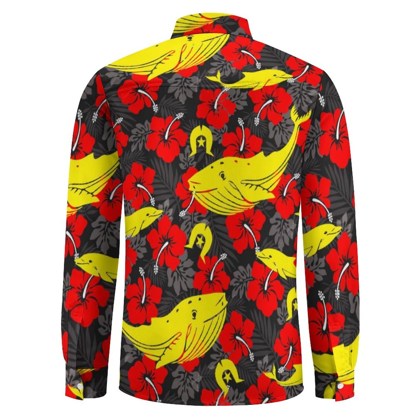 Royal Red Hibiscus with Yellow Dhari, Whale and Dolphin on Men's Long Sleeve Shirt