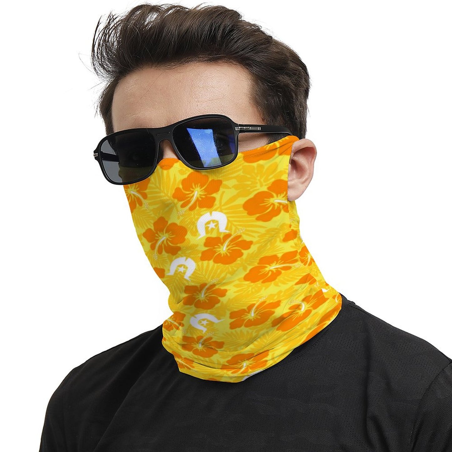 Hibiscus flowers with Dhari (Gold) on Unisex Multi-Purpose Face Mask Scarf Bandana