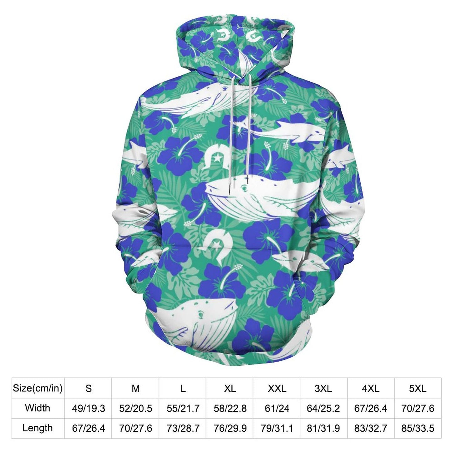 Royal Blue Hibiscus flowers with Whale, Dolphin and Dhari on Lady Hoodie with Double-layer Cap