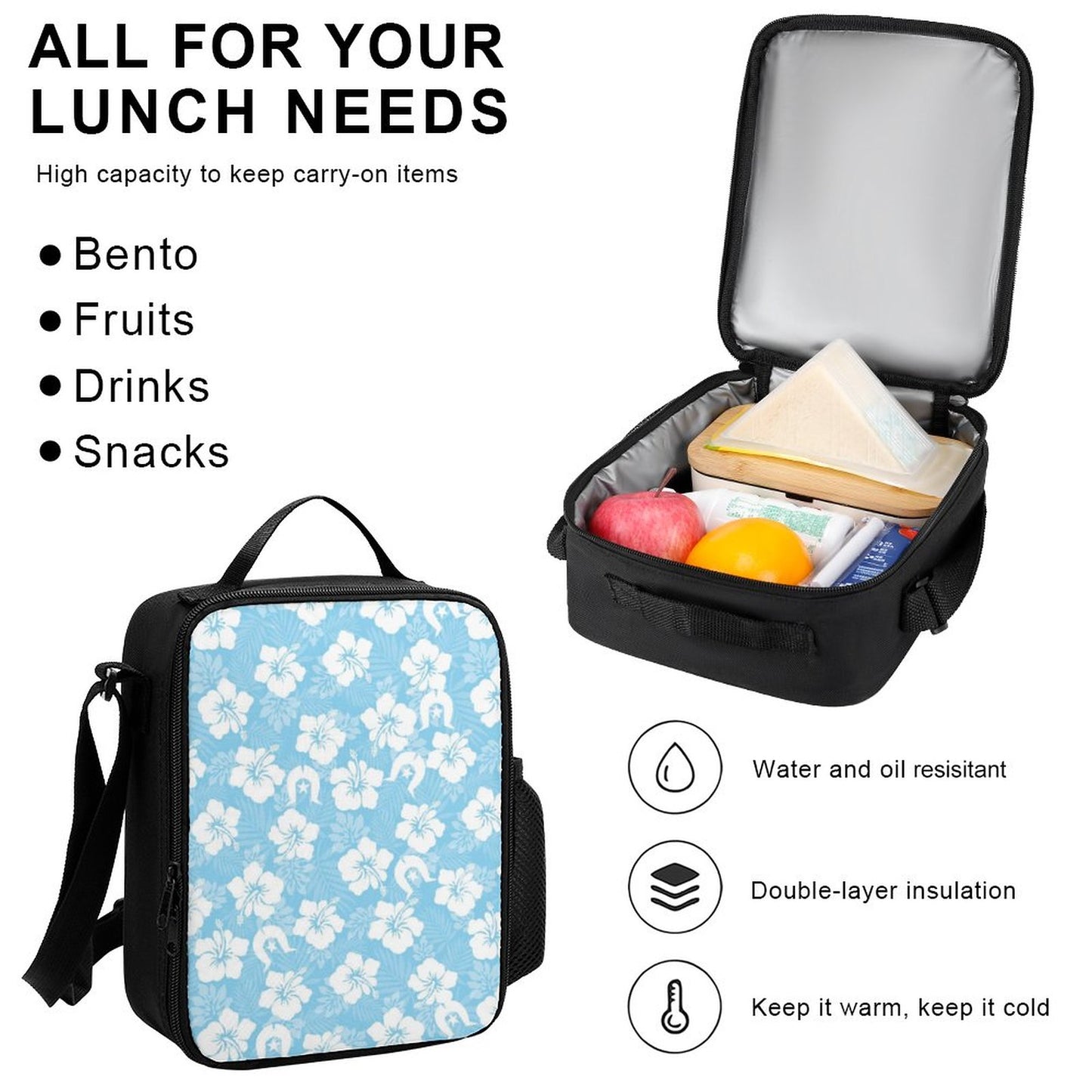 White Hibiscus and Dhari (Blue) on Set of 3 Bags (Shoulder Bag Lunch Bag & Pencil Pouch)