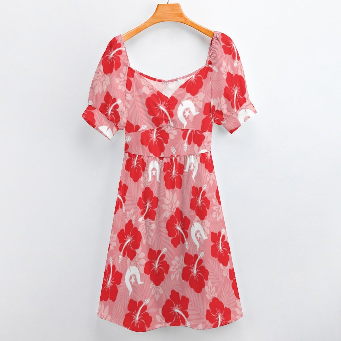 White Hibiscus flowers with Dhari (Red) on Short Sleeve V Neck Lovely Dress