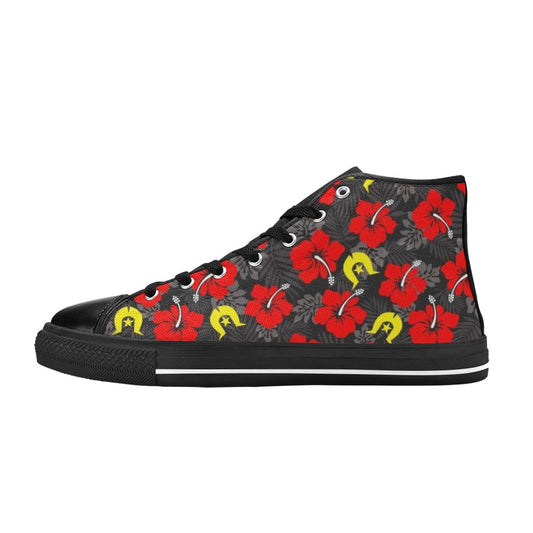 Royal Red Hibiscus with Yellow Dhari on Women's High Top Canvas Shoes