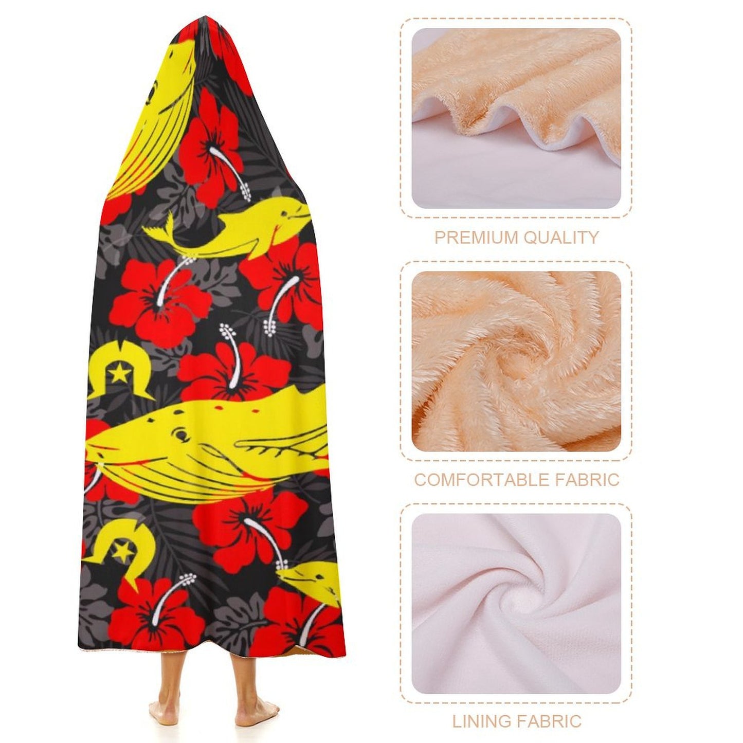 Royal Red Hibiscus with Yellow Dhari, Whale and Dolphin on Cloak Hooded Blanket  40"×50"