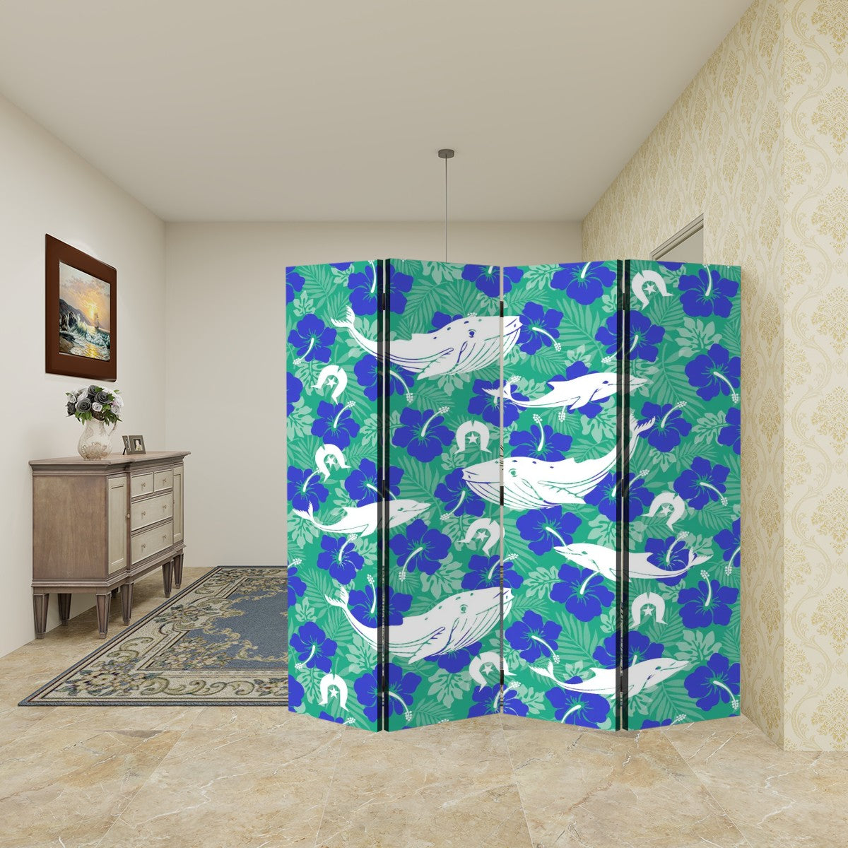Royal Blue Hibiscus flowers with Whale, Dolphin and Dhari on Room Divider Folding Screen 4 Panel