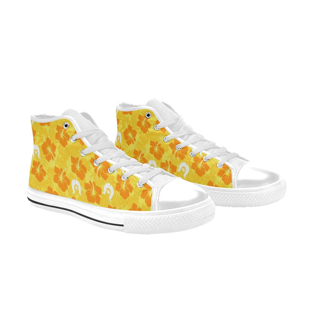 Hibiscus flowers with Dhari (Gold) on Women's High Top Canvas Shoes