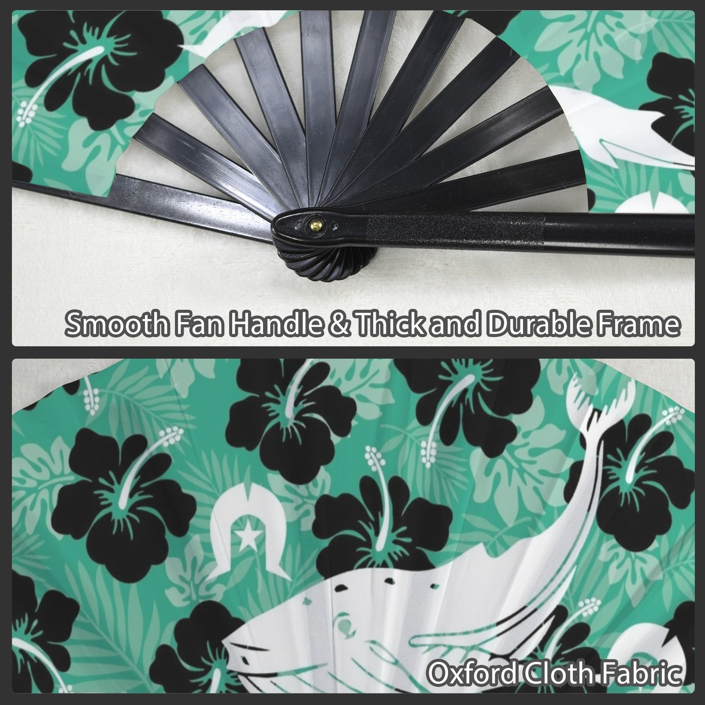 Black Hibiscus with Whale, Dolphin and Dhari on Folding Clack Fan