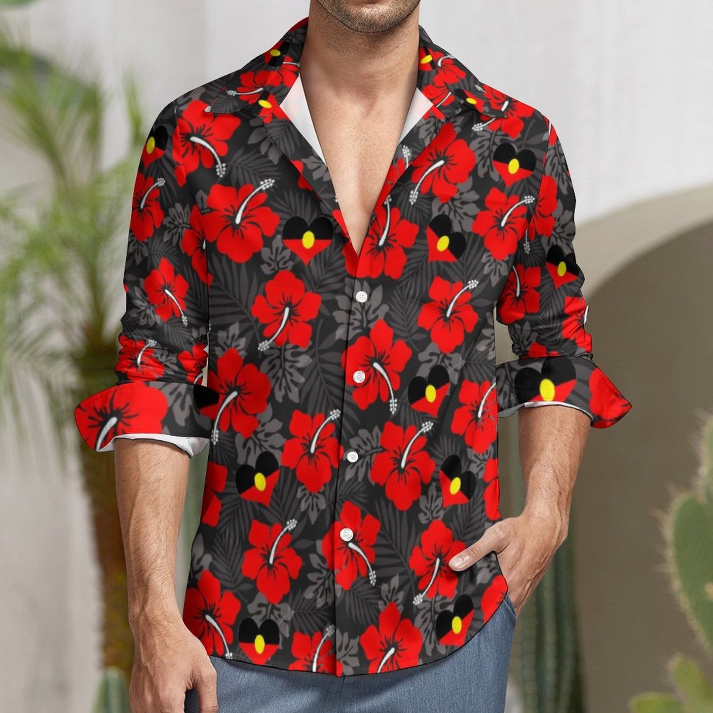 Hibiscus flowers with Aboriginal Heart Flag on Men's Long Sleeve Shirt