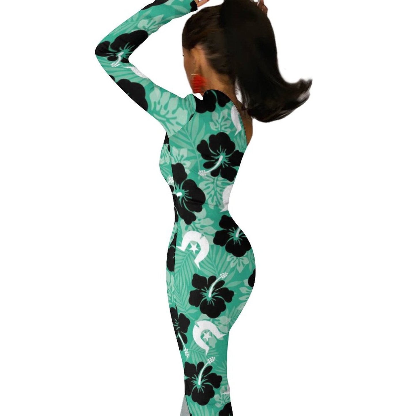 Black Hibiscus with White Dhari on One Shoulder Split Dress BIQ
