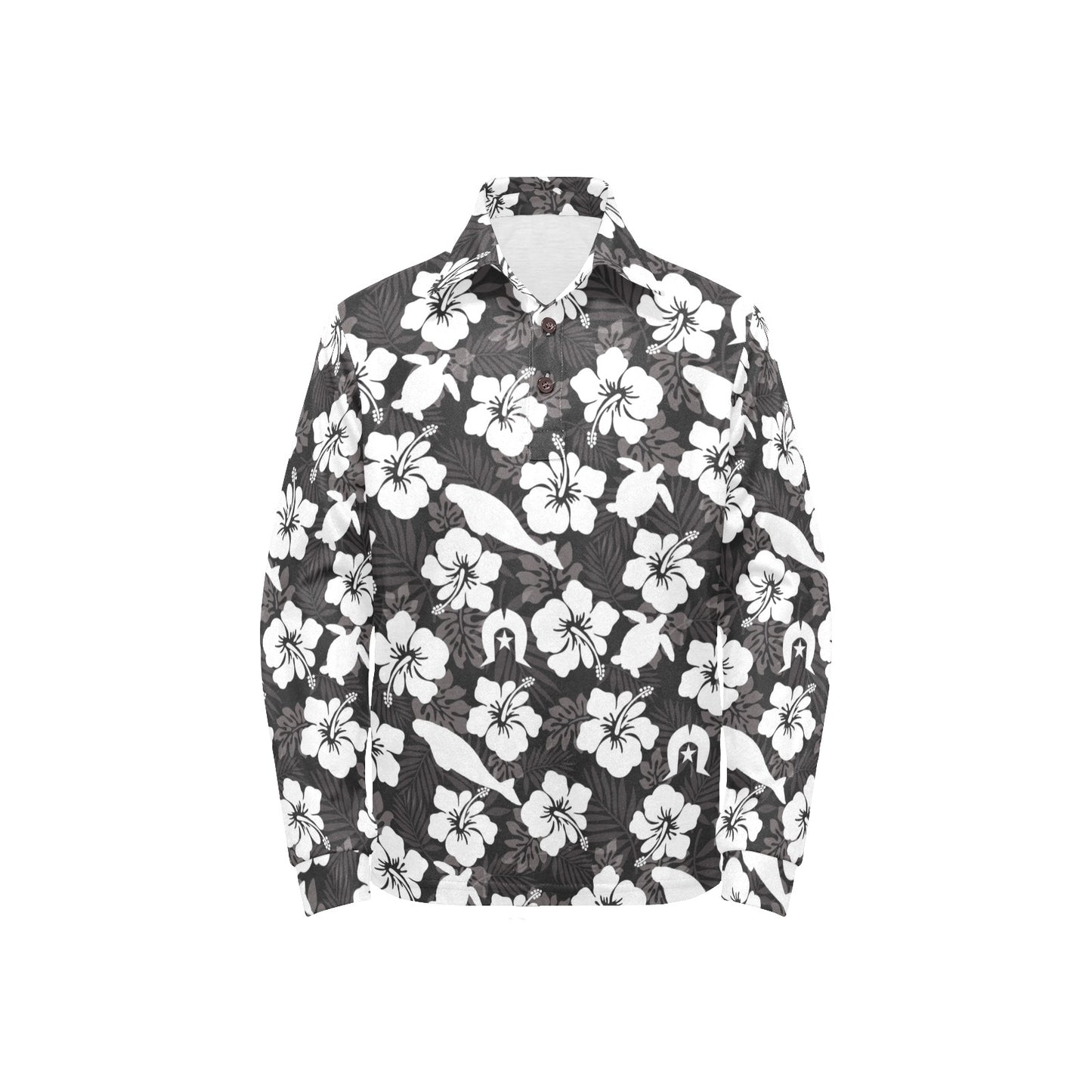 White Hibiscus with Dugong, Turtle and Dhari on Big Girls' Long Sleeve Polo Shirt
