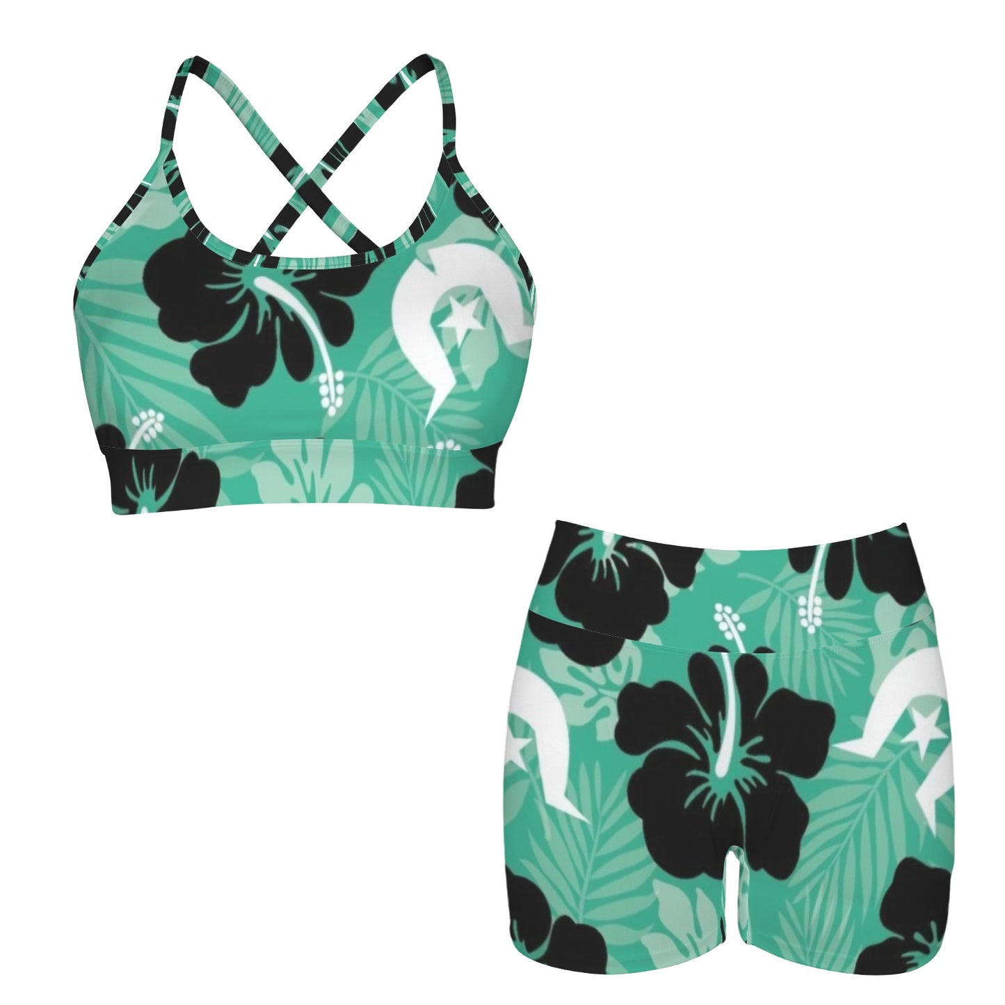 Black Hibiscus with White Dhari on Cross Back String Sports Bra & High Waist Shorts Active Sets