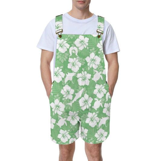 White hibiscus flowers with Dhari, Shark, turtle, and stingray (Green) on Unisex Suspender Jumpsuit