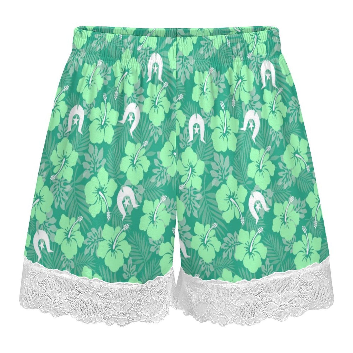 Hibiscus flowers with Dhari (Royal mint) on 200gsm Women's Lace Trim Pajama Shorts