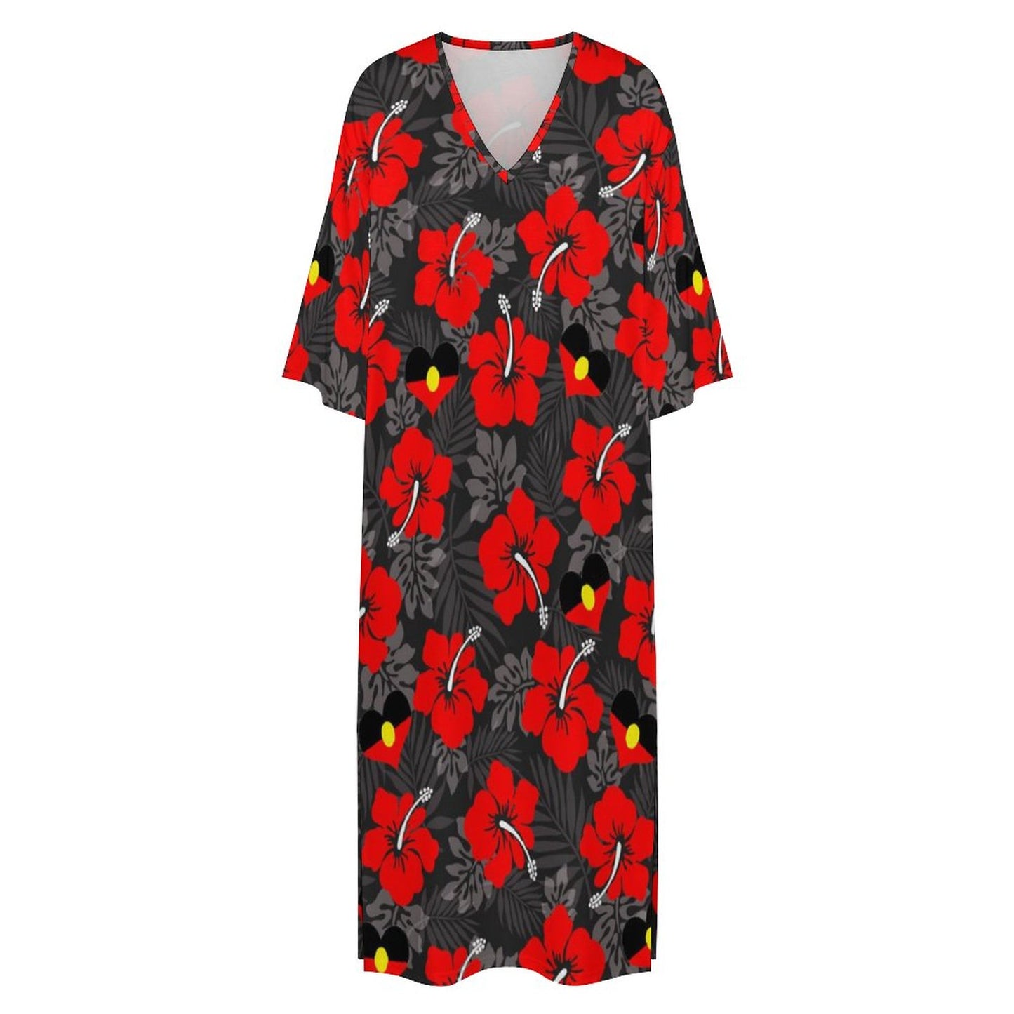 Red Hibiscus flowers with Aboriginal Heart-shaped flag on Mediterranean Style V Neck Mid-Sleeve Robe