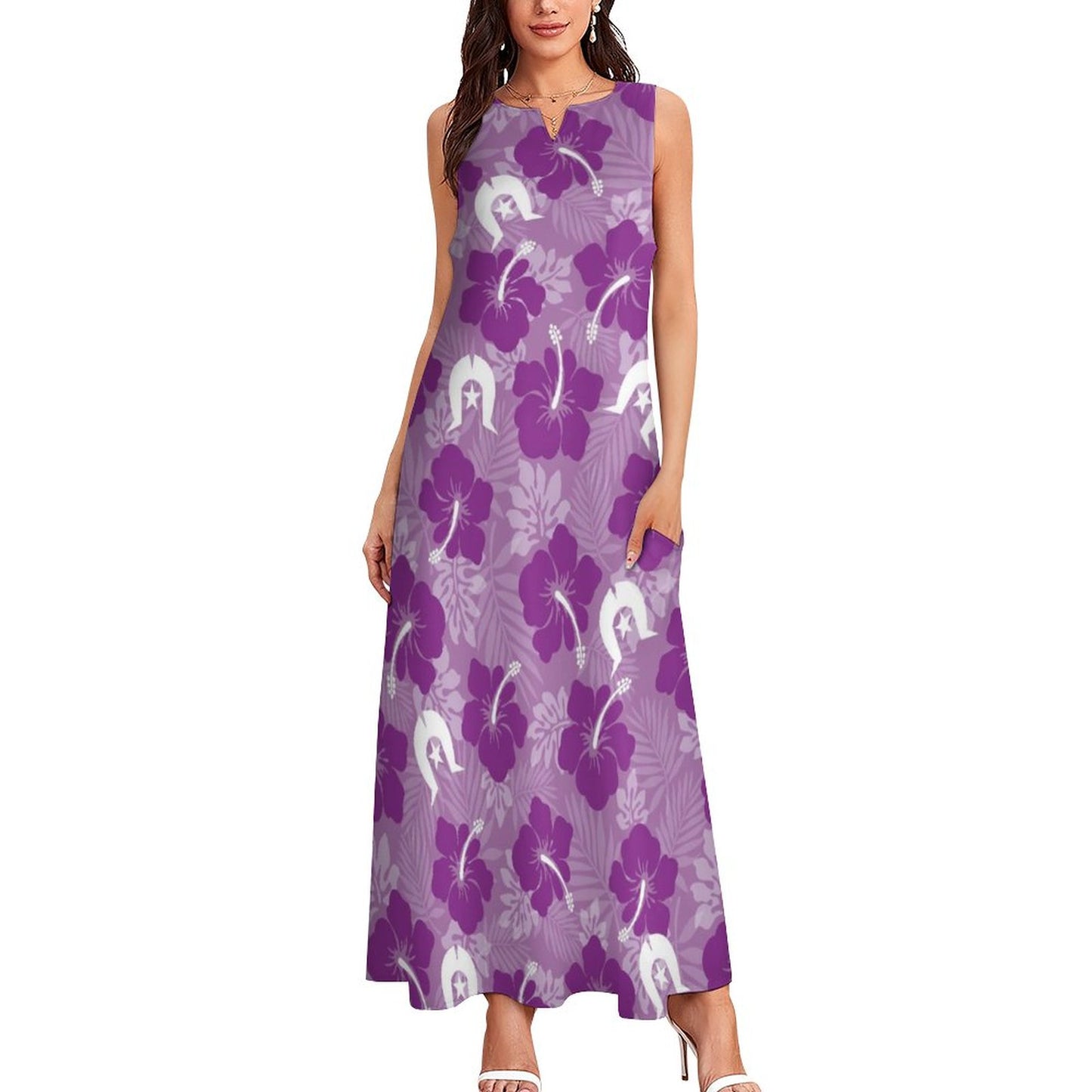 Hibiscus flowers with Dhari (Royal purple) on Sleeveless Ankle-length Dress