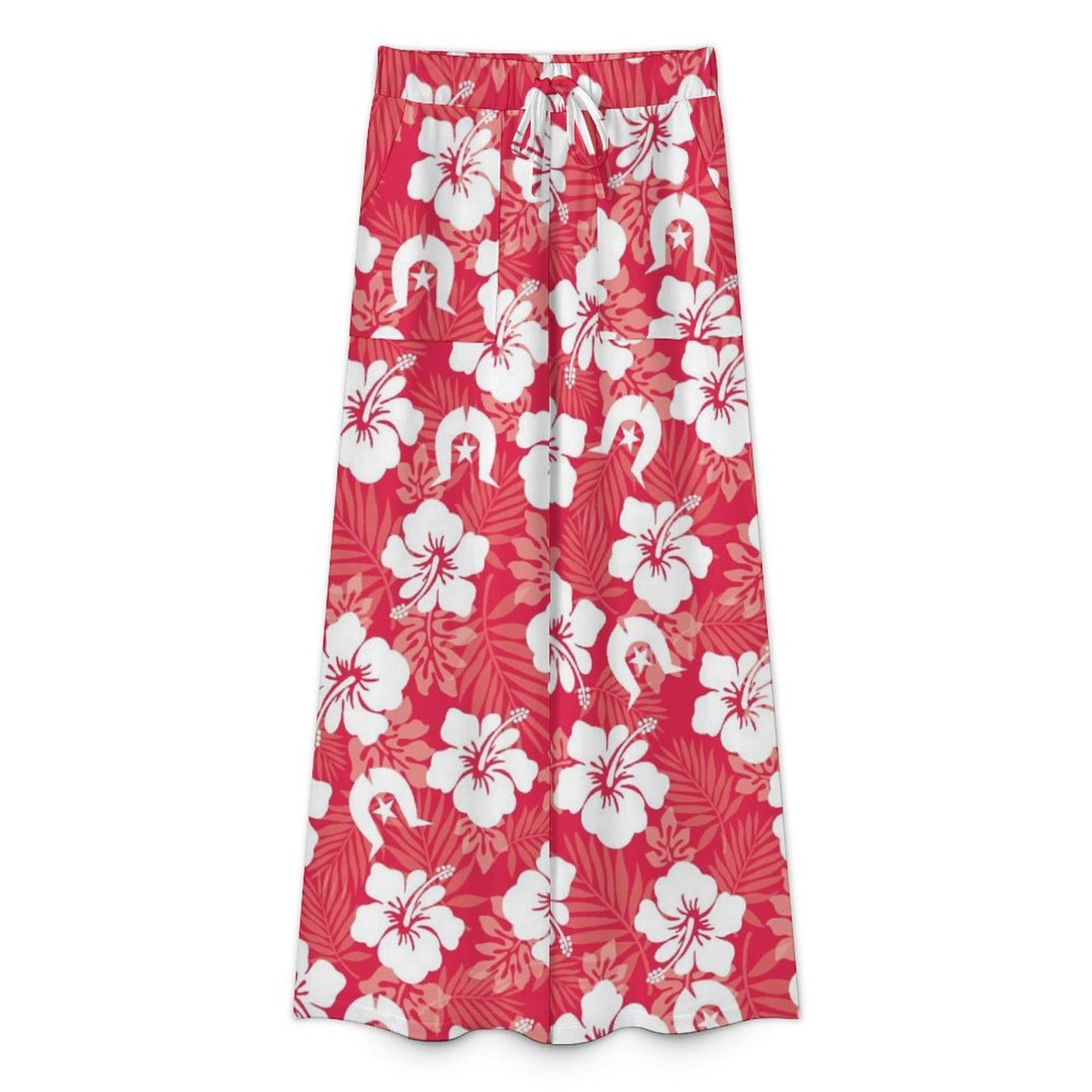 White Hibiscus flowers with Dhari (Red) on Women’s Wide-Leg Pants