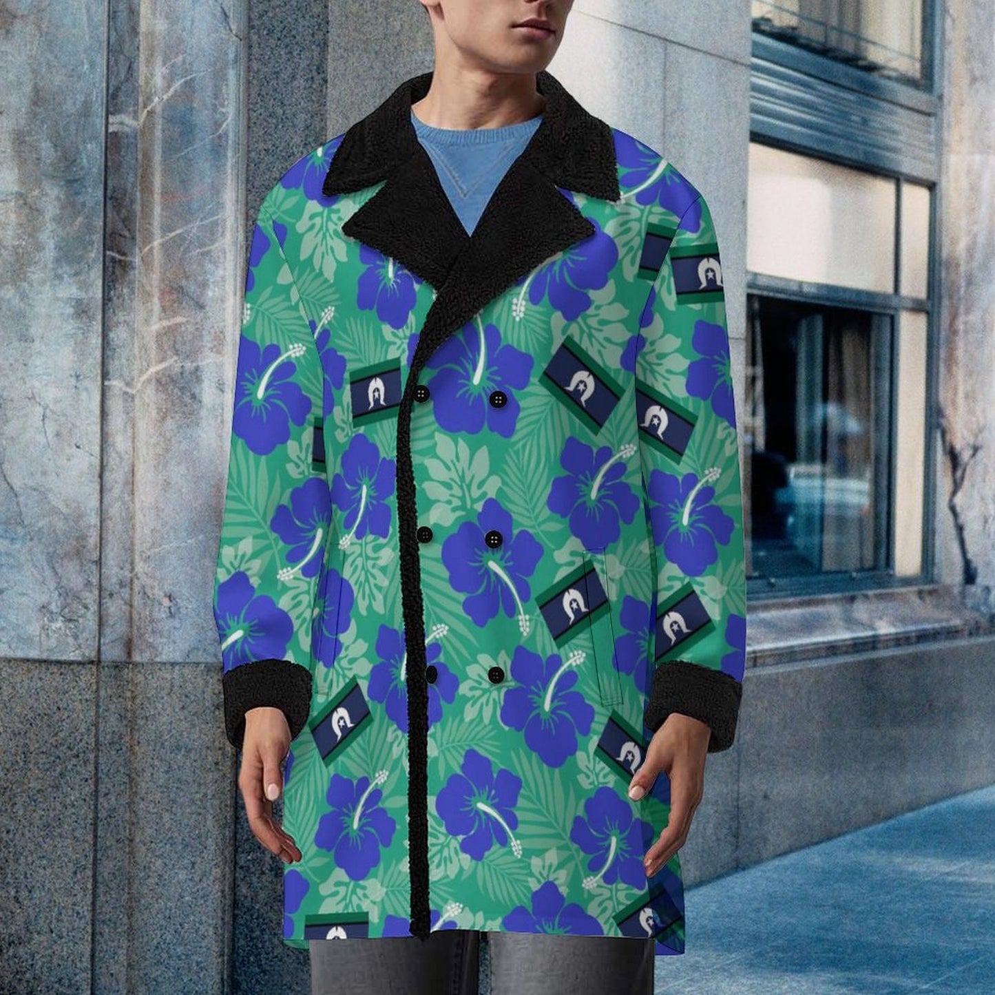Hibiscus flowers with Torres Strait Flag on Men's Double Breasted Coat