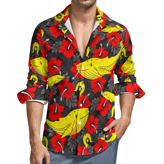 Royal Red Hibiscus with Yellow Dhari, Whale and Dolphin on Men's Long Sleeve Shirt