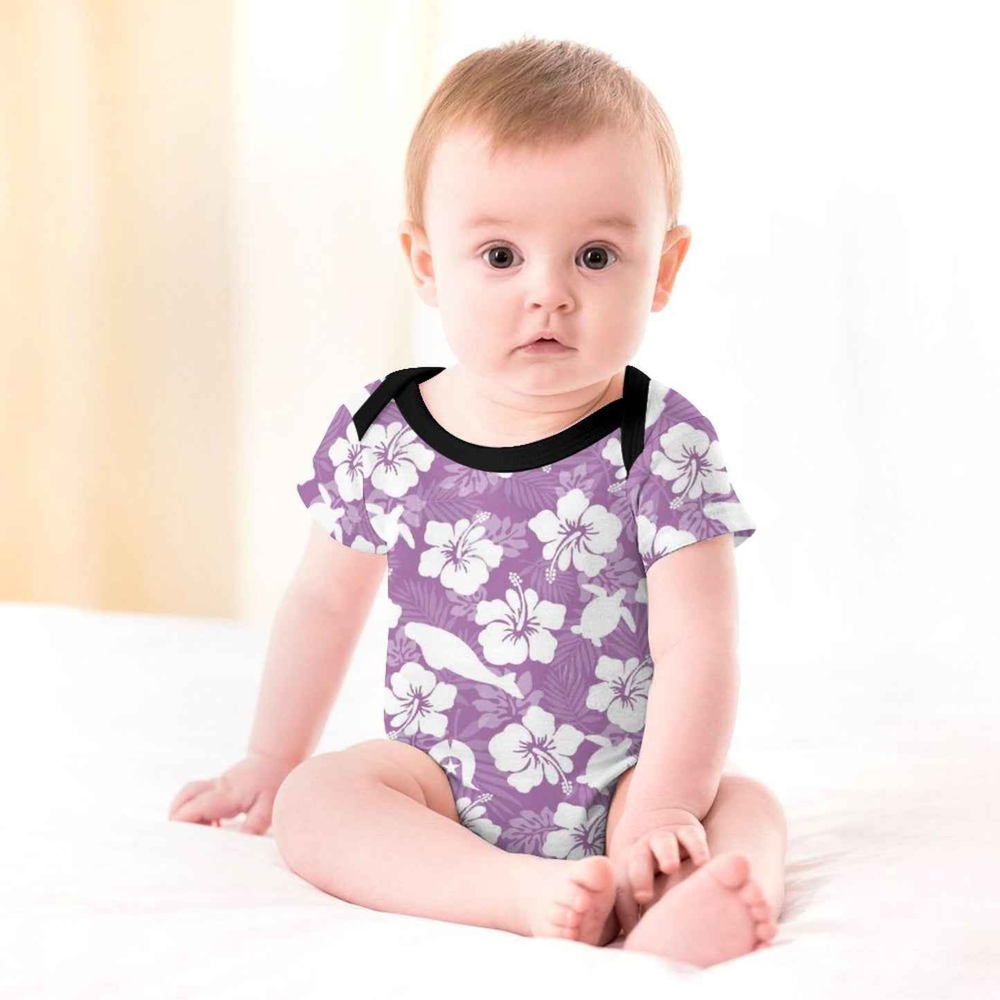 White Hibiscus flowers with Dugong, Turtle and Dhari on Faux Cotton Short Sleeve Baby Romper