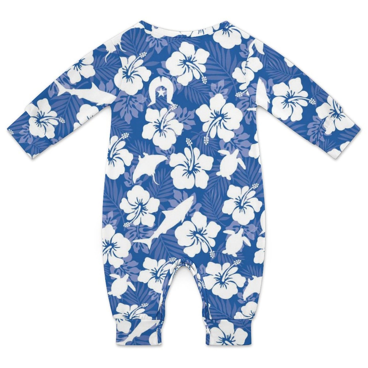 White hibiscus flowers with Dhari, Shark, turtle, and stingray on Baby Romper