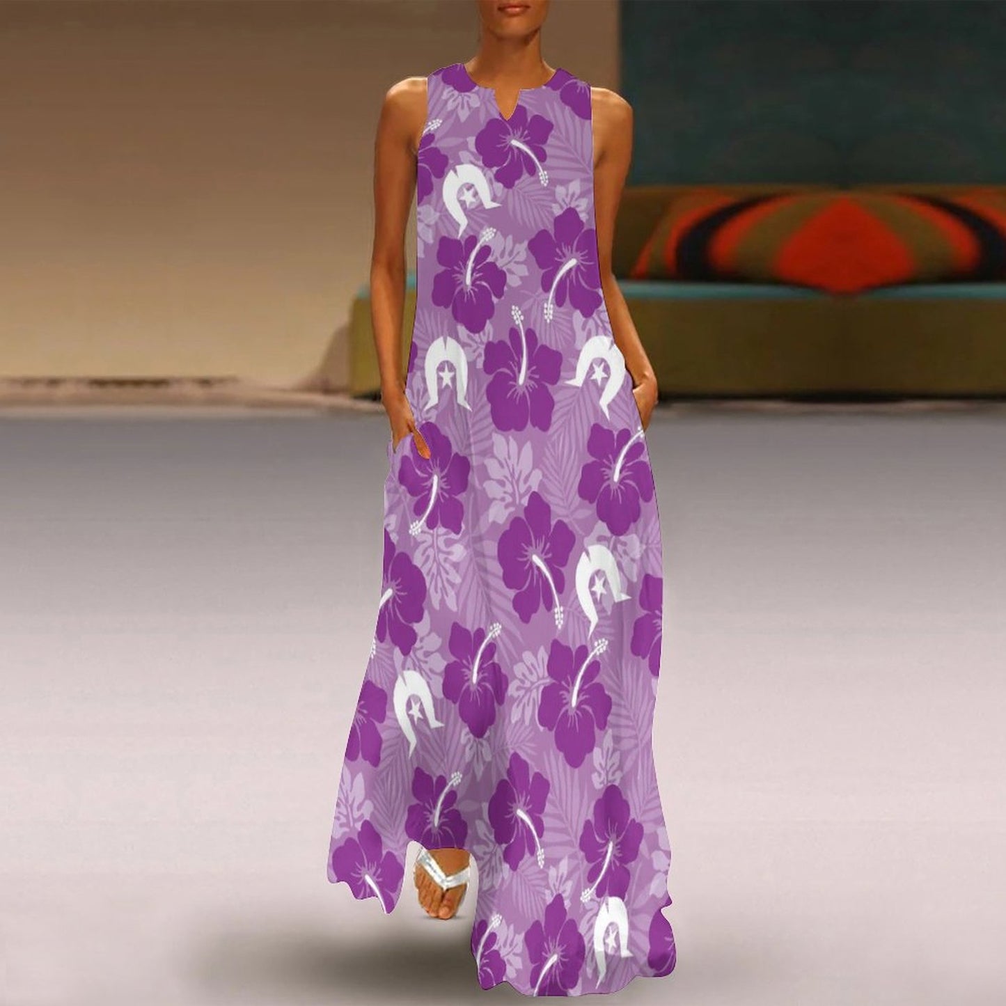 Hibiscus flowers with Dhari (Royal purple) on Sleeveless Ankle-length Dress