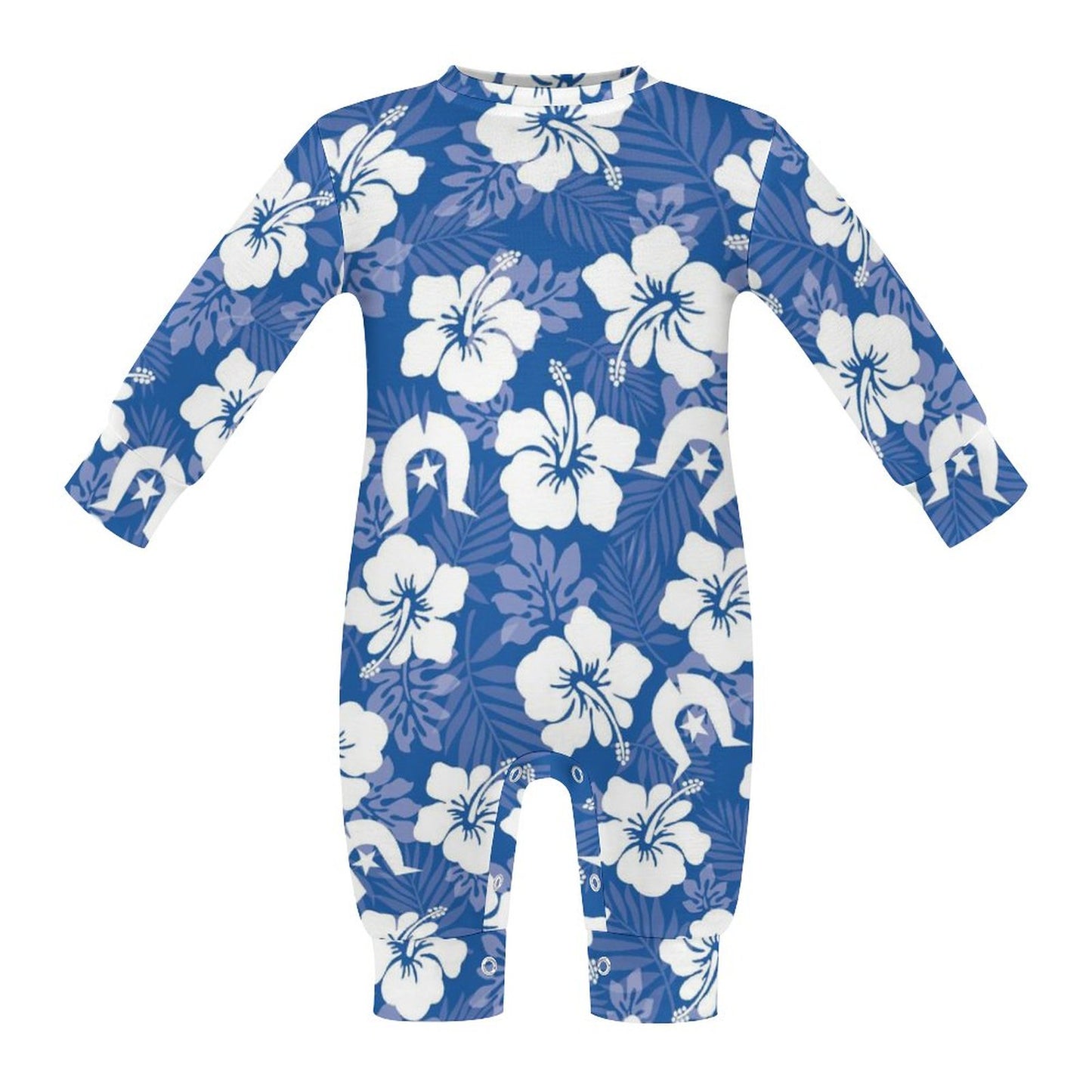 White Hibiscus and Dhari (Blue) on Baby Romper