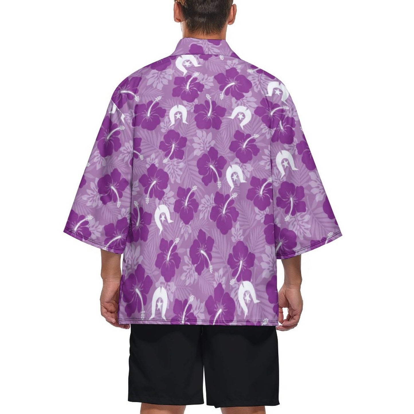 Hibiscus flowers with White Dhari (Royal purple) on Drop Shoulder Male Kimono Cardigan