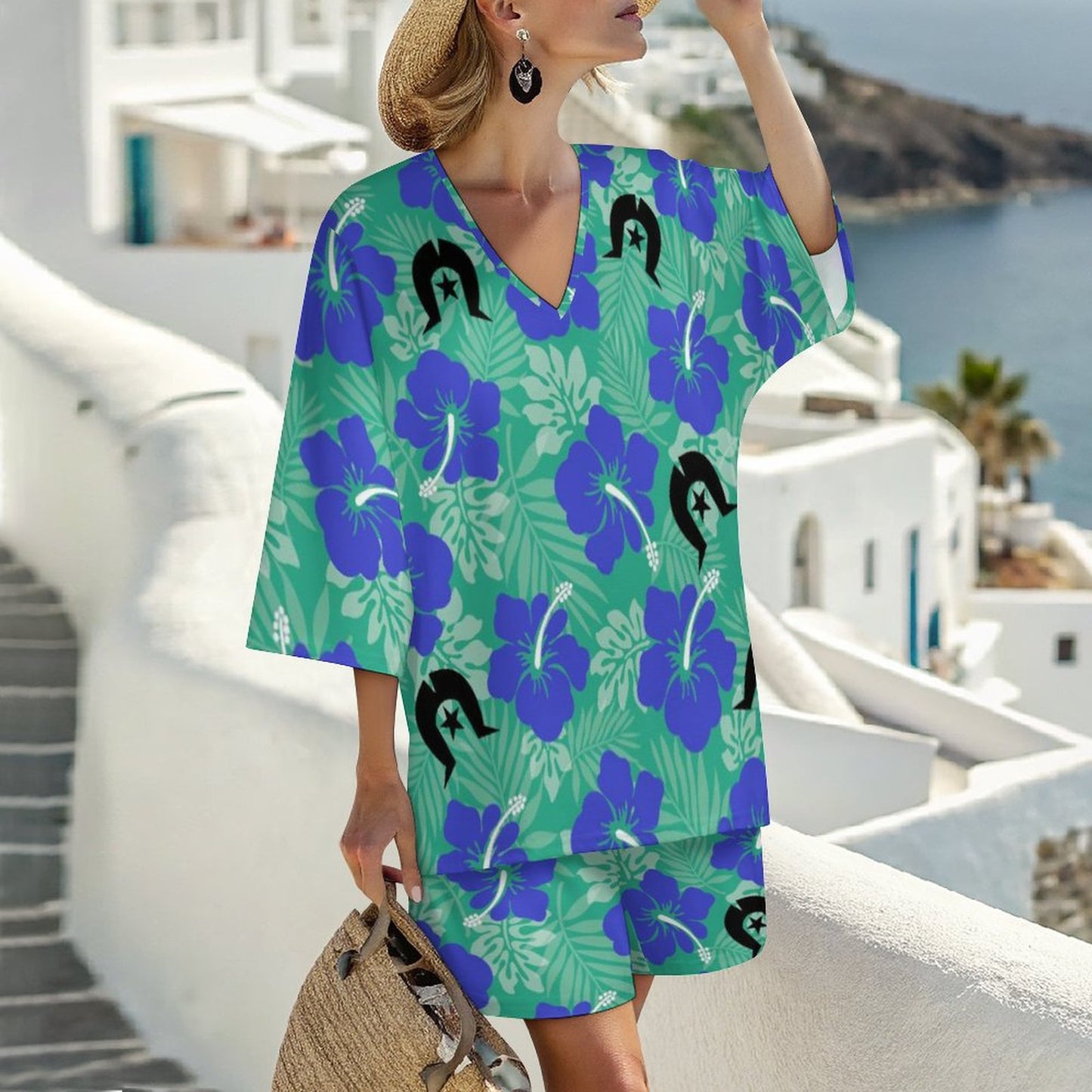 Royal Blue Hibiscus flowers with Black Dhari on  Mediterranean Style V-Neck Suit