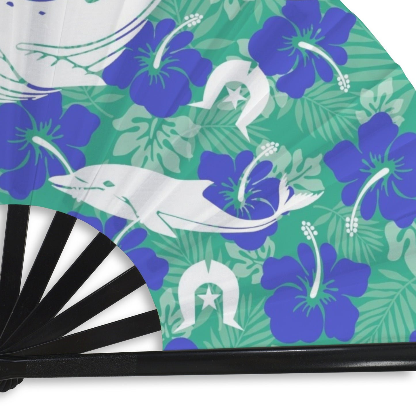 Royal Blue Hibiscus flowers with Whale, Dolphin and Dhari on Folding Clack Fan