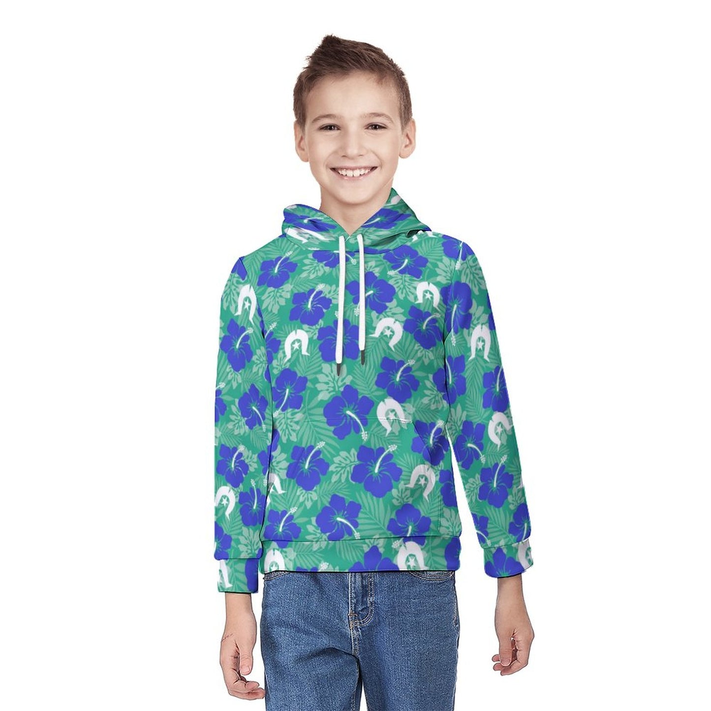 Royal Blue Hibiscus flowers with Dhari on Youth's Hoodie