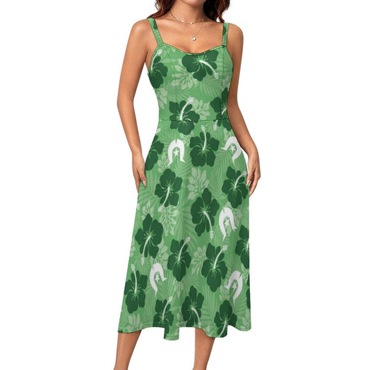Hibiscus flowers with White Dhari (Sea Grass Green) on Midi Spaghetti Strap Dress
