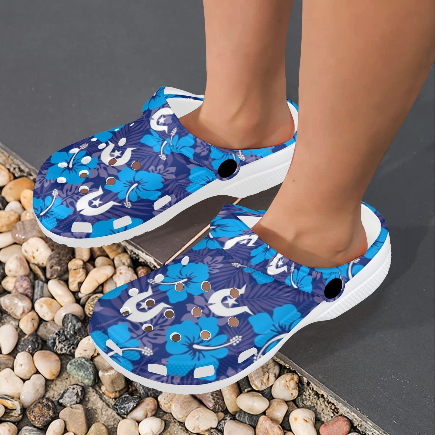 Hibiscus flowers with White Dhari (Royal blue) on Adults Clogs