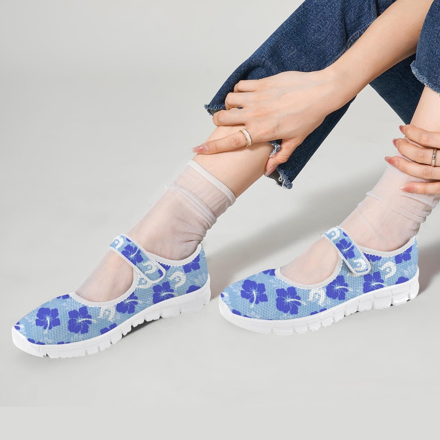 Hibiscus flowers with White Dhari (Sky blue) on  Women's Mary Jane Shoes